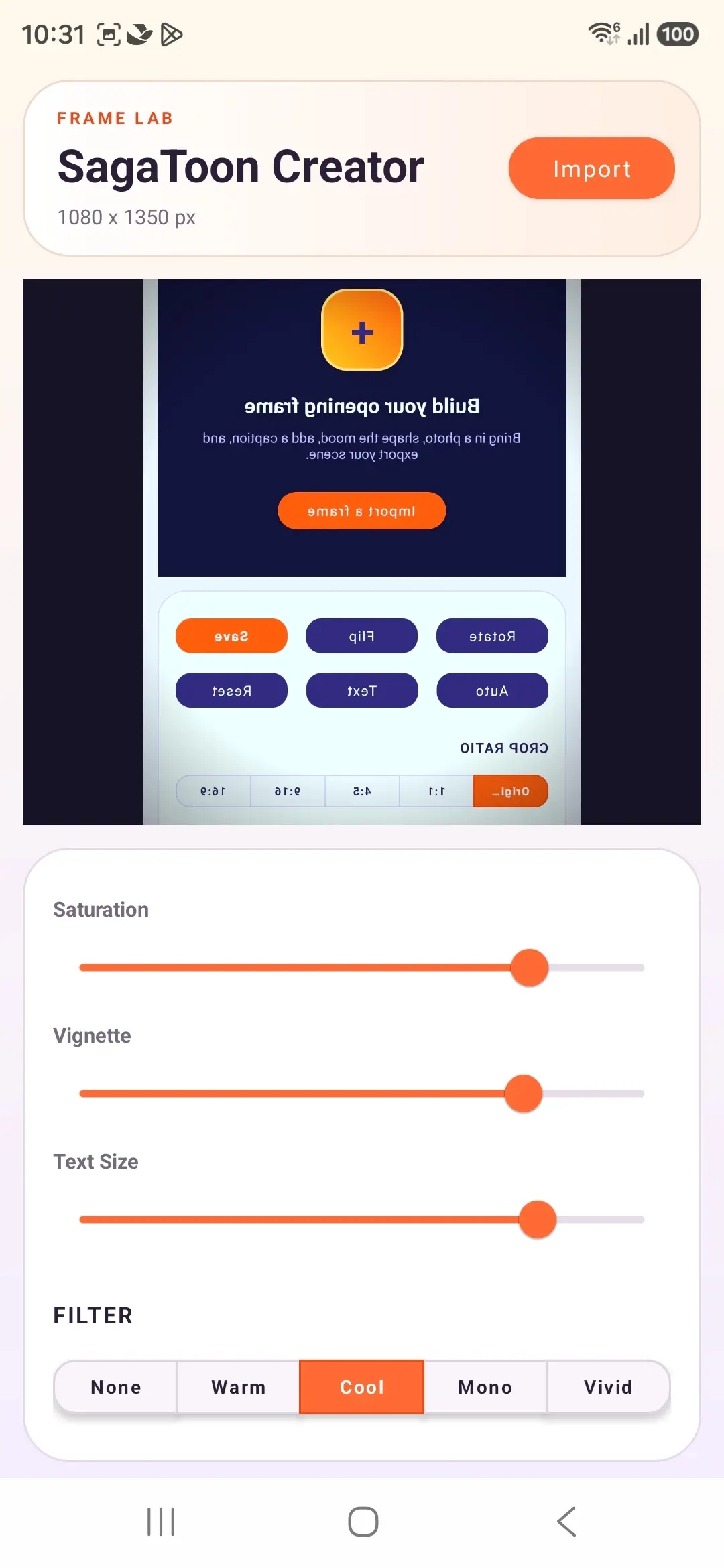 SagaToon Creator adjustment and filter controls